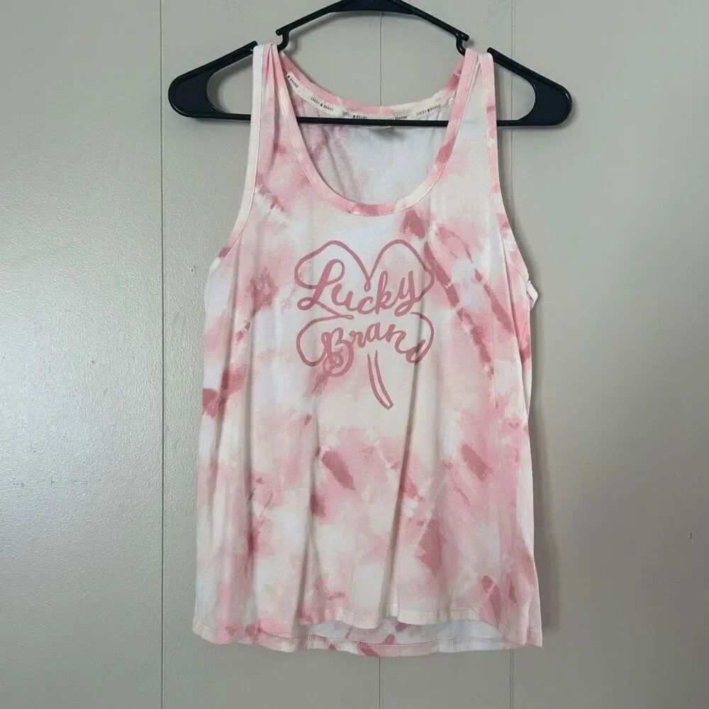 Lucky Brand Pink Tie Dye Tank Top Size Medium | Graphic Clover Logo | Soft Cotto
